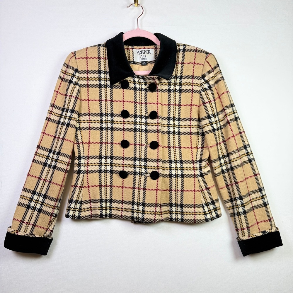 KASPER Tan Plaid Velvet Trim Wool Blend Double Breasted Blazer 4P